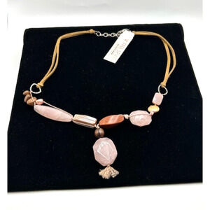 NWT Peyote‎ Bird Quartz Pink Wood Necklace Genuine Stone Sterling Silver 22"